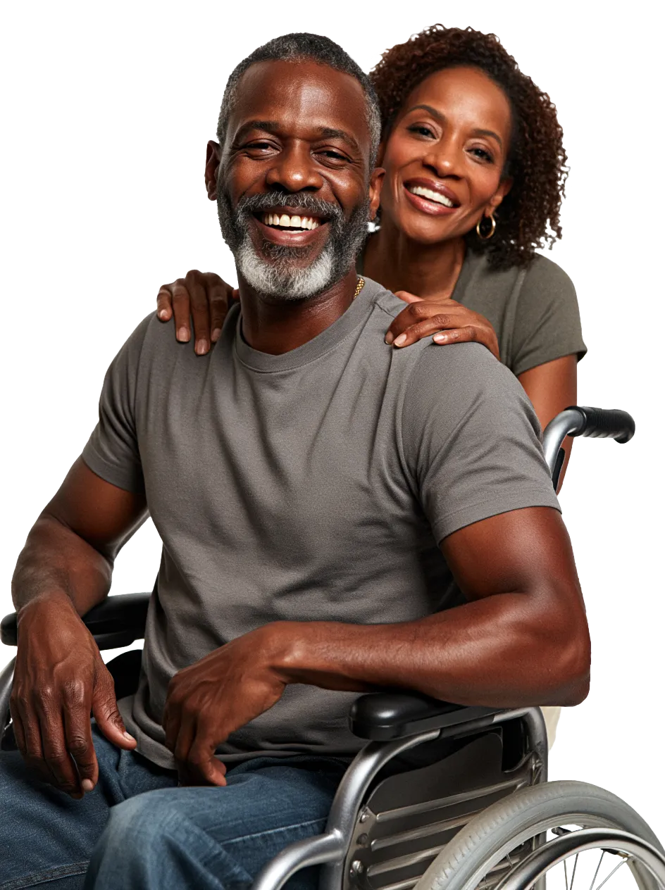 smiling man in his fifties seated in a wheelchair, with a smiling woman standing behind him with her hands on his shoulders